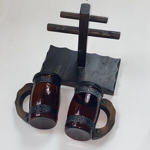 Antique Rare Handmade Set Sal And Pepper Rustic  Wood And Glass